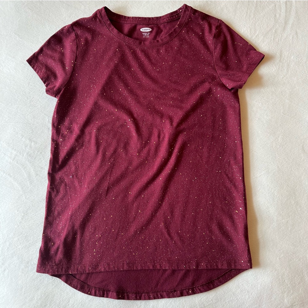 Old Navy Softest Tee Girls Short Sleeve Maroon Sparkle Tee Size L 10-12